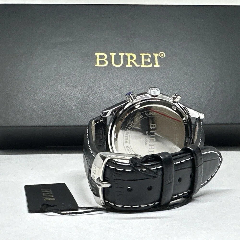 Burei S-17005M Men's Black Leather Strap Analog Dial Quartz Wrist Watch XOB29
